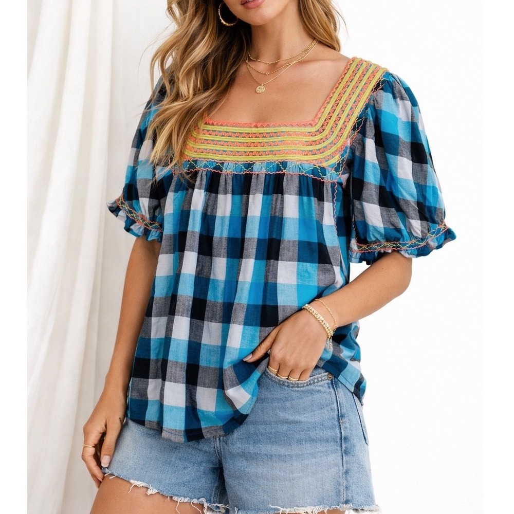 Ivy Jane NWT Sister Mary Blue and Black Plaid Colorful Embroidered Peasant Top